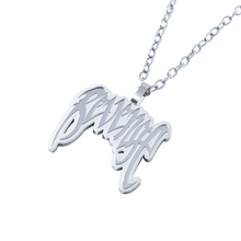 Load image into Gallery viewer, Close up of a silver necklace with a Revenge arch logo pendant