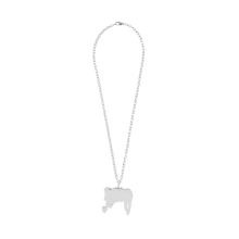 Load image into Gallery viewer, Back of a silver necklace with a Revenge arch logo pendant