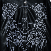 Load image into Gallery viewer, TRIBAL SKULL STUDDED LEATHER BOMBER BLACK/WHITE