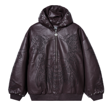 Load image into Gallery viewer, TRIBAL SKULL STUDDED LEATHER BOMBER PURPLE/BLACK
