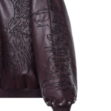 Load image into Gallery viewer, TRIBAL SKULL STUDDED LEATHER BOMBER PURPLE/BLACK