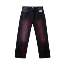 Load image into Gallery viewer, TRIBAL CROSS DENIM PANT BLACK/RED