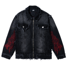Load image into Gallery viewer, TRIBAL CROSS DENIM JACKET BLACK/RED