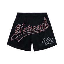 Load image into Gallery viewer, SCRIPT EMBROIDERED MESH SHORTS BLACK/RED