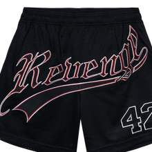 Load image into Gallery viewer, SCRIPT EMBROIDERED MESH SHORTS BLACK/RED