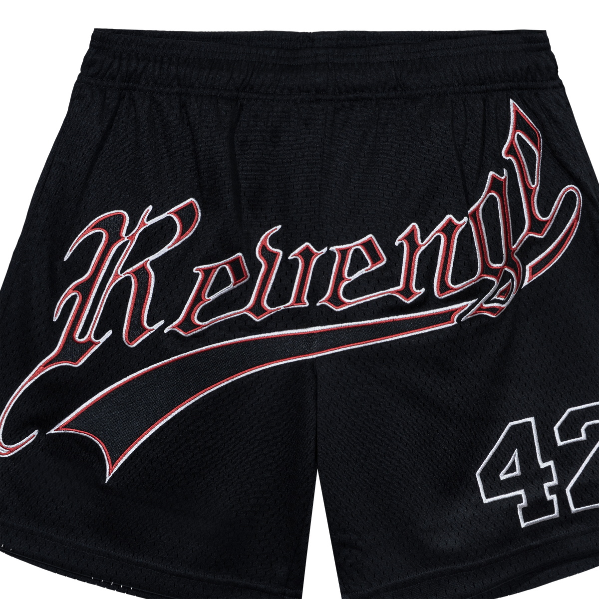 SCRIPT EMBROIDERED MESH SHORTS BLACK/RED – Revenge Official