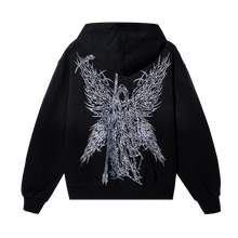 Load image into Gallery viewer, Back of a black zip hoodie with white graphic design of a reaper with wings