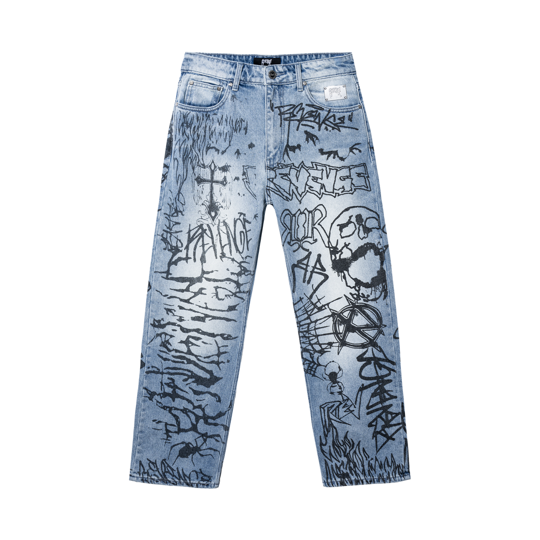 GRAFFITI DENIM PANT BLEACHED INDIGO/BLACK