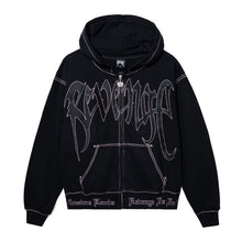 Load image into Gallery viewer, Black zip hoodie with black embroidered Revenge arch logo with pink contrast stitch outline embroidery
