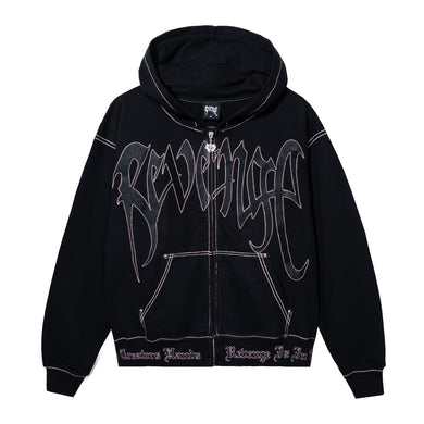 Black zip hoodie with black embroidered Revenge arch logo with pink contrast stitch outline embroidery