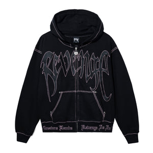 Black zip hoodie with black embroidered Revenge arch logo with pink contrast stitch outline embroidery