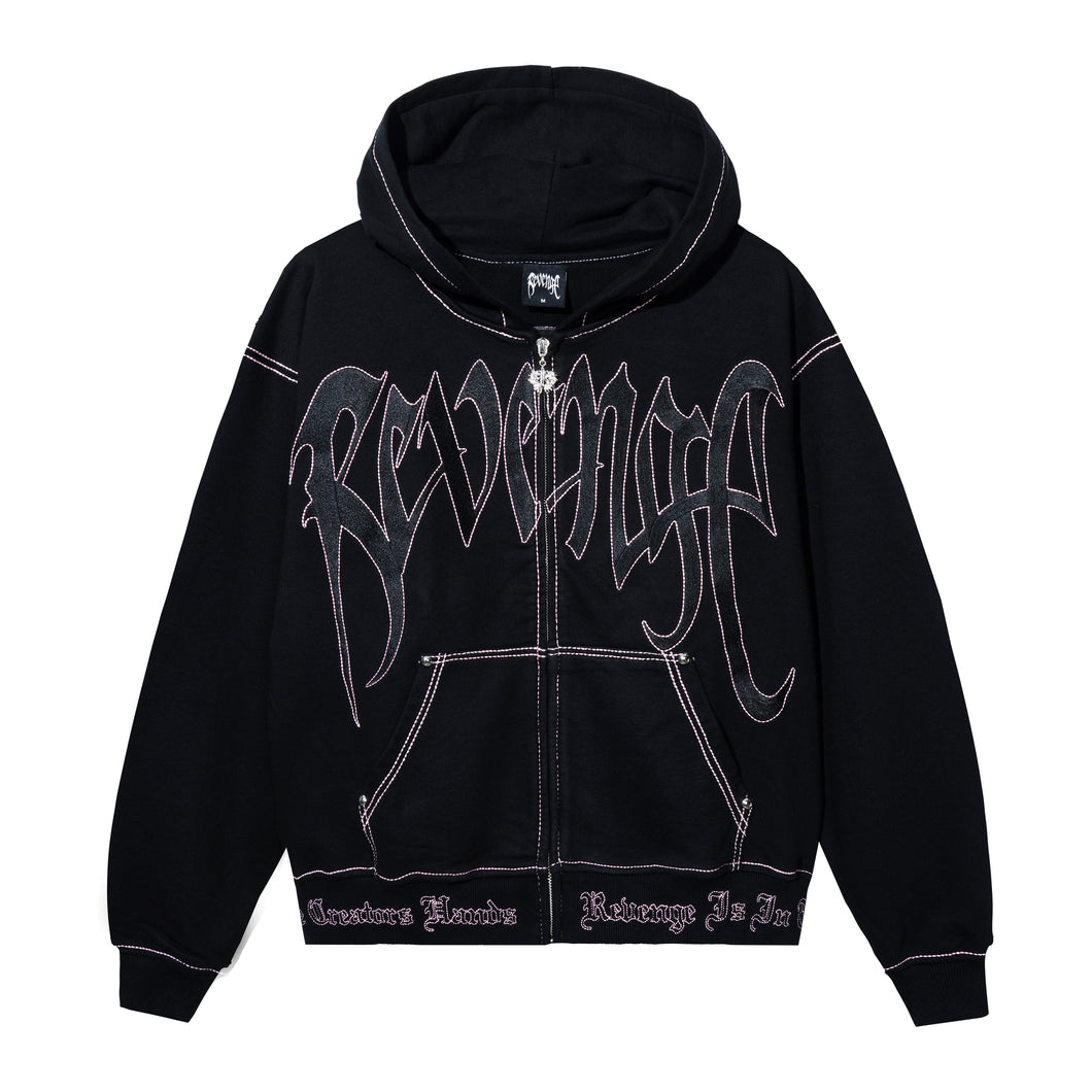 Black zip hoodie with black embroidered Revenge arch logo with pink contrast stitch outline embroidery