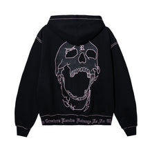 Load image into Gallery viewer, Back of a black zip hoodie with black embroidered skull with pink outline embroidery
