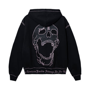 Back of a black zip hoodie with black embroidered skull with pink outline embroidery