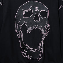 Load image into Gallery viewer, Close up of the back of a black zip hoodie showing a black embroidered skull outlined with pink embroidery
