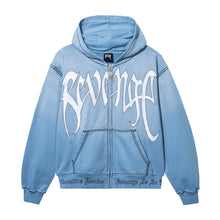 Load image into Gallery viewer, Treated and washed baby blue zip hoodie with white embroidered Revenge arch logo with black outline embroidery
