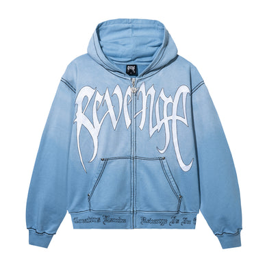 Treated and washed baby blue zip hoodie with white embroidered Revenge arch logo with black outline embroidery