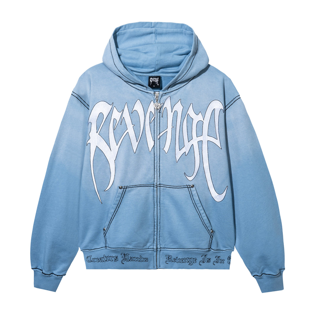 Treated and washed baby blue zip hoodie with white embroidered Revenge arch logo with black outline embroidery