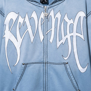 Close up of a treated and washed baby blue zip hoodie with white embroidered Revenge arch logo with black outline embroidery