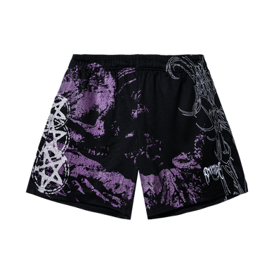 Black mesh shorts with purple and white abstract design and a small white Revenge arch logo embroidered on the bottom left
