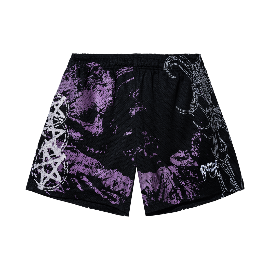 Black mesh shorts with purple and white abstract design and a small white Revenge arch logo embroidered on the bottom left