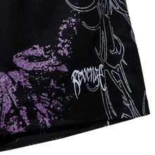 Load image into Gallery viewer, Close up of the bottom left of black mesh shorts with purple and white abstract design and a small white Revenge arch logo embroidered on the bottom left
