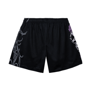 Back of a black mesh shorts with white and purple designs