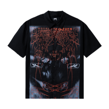 Load image into Gallery viewer, Black short sleeve button up with Red and black print
