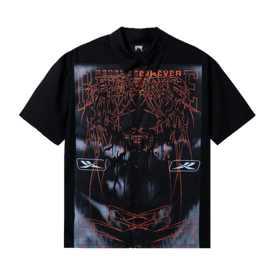 Black short sleeve button up with Red and black print