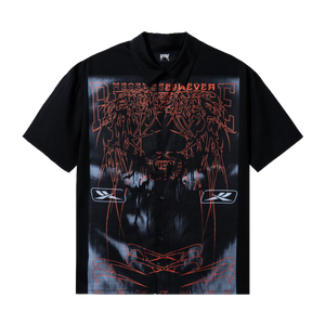 Black short sleeve button up with Red and black print