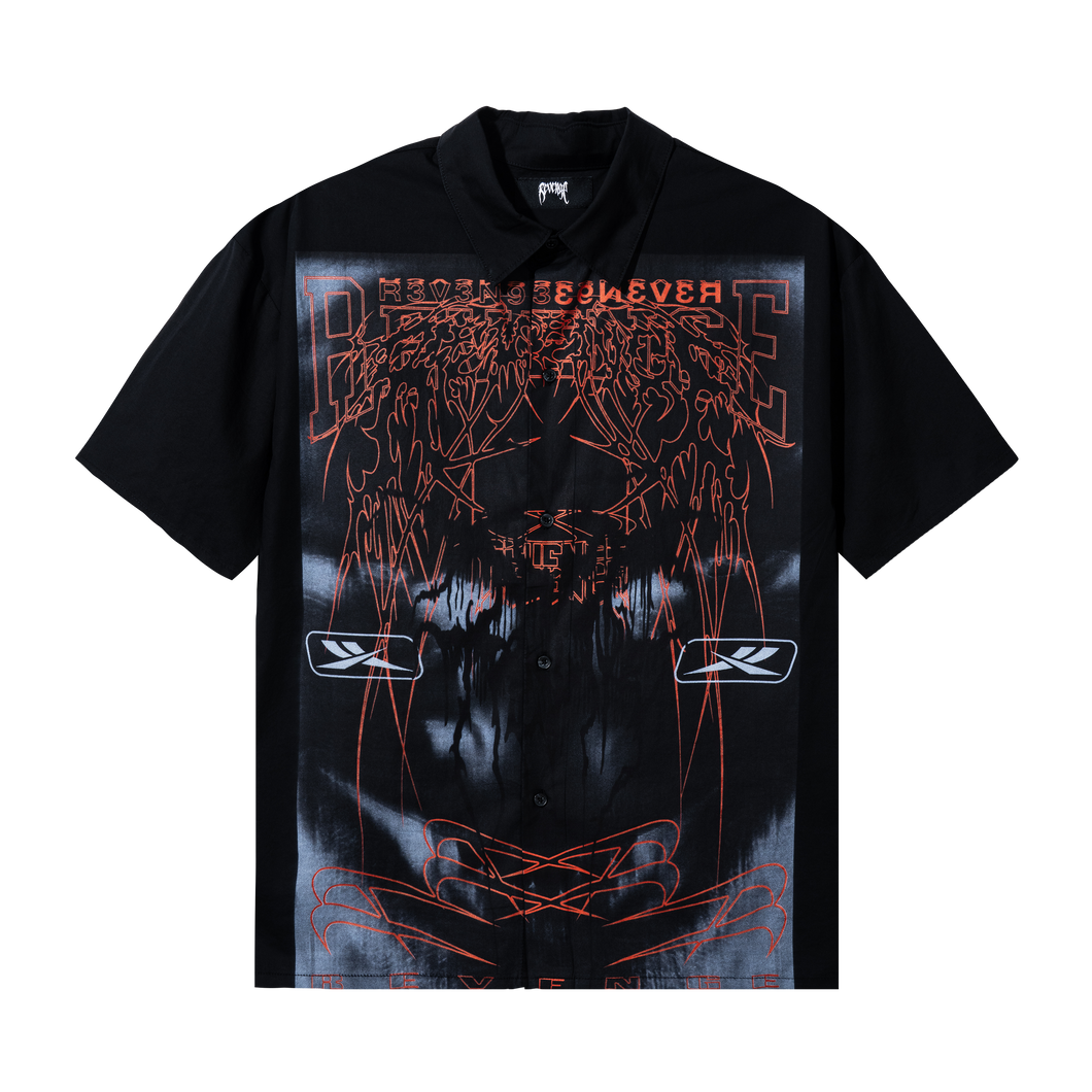 Black short sleeve button up with Red and black print