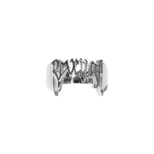 Load image into Gallery viewer, Silver ring with Revenge arch logo
