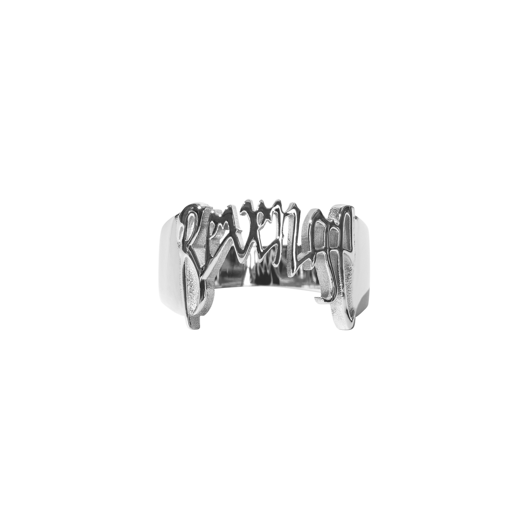 Silver ring with Revenge arch logo