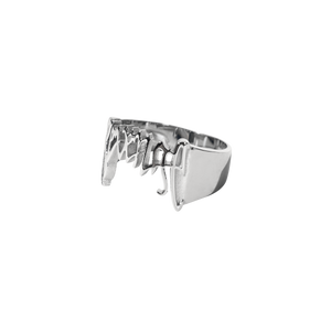 Side view of a silver ring with Revenge arch logo