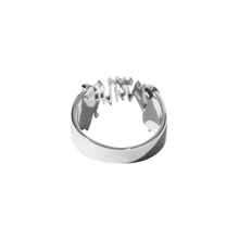 Load image into Gallery viewer, Back of a silver ring with Revenge arch logo
