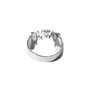 Back of a silver ring with Revenge arch logo