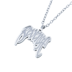 Close up of a silver necklace with a Revenge arch logo pendant