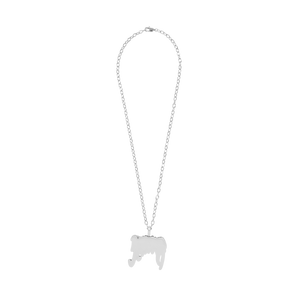 Back of a silver necklace with a Revenge arch logo pendant