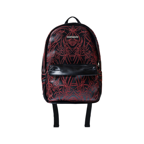 ADORNED EMBROIDERED LEATHER BACKPACK BLACK/RED