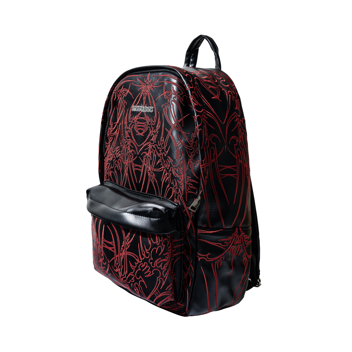 ADORNED EMBROIDERED LEATHER BACKPACK BLACK/RED