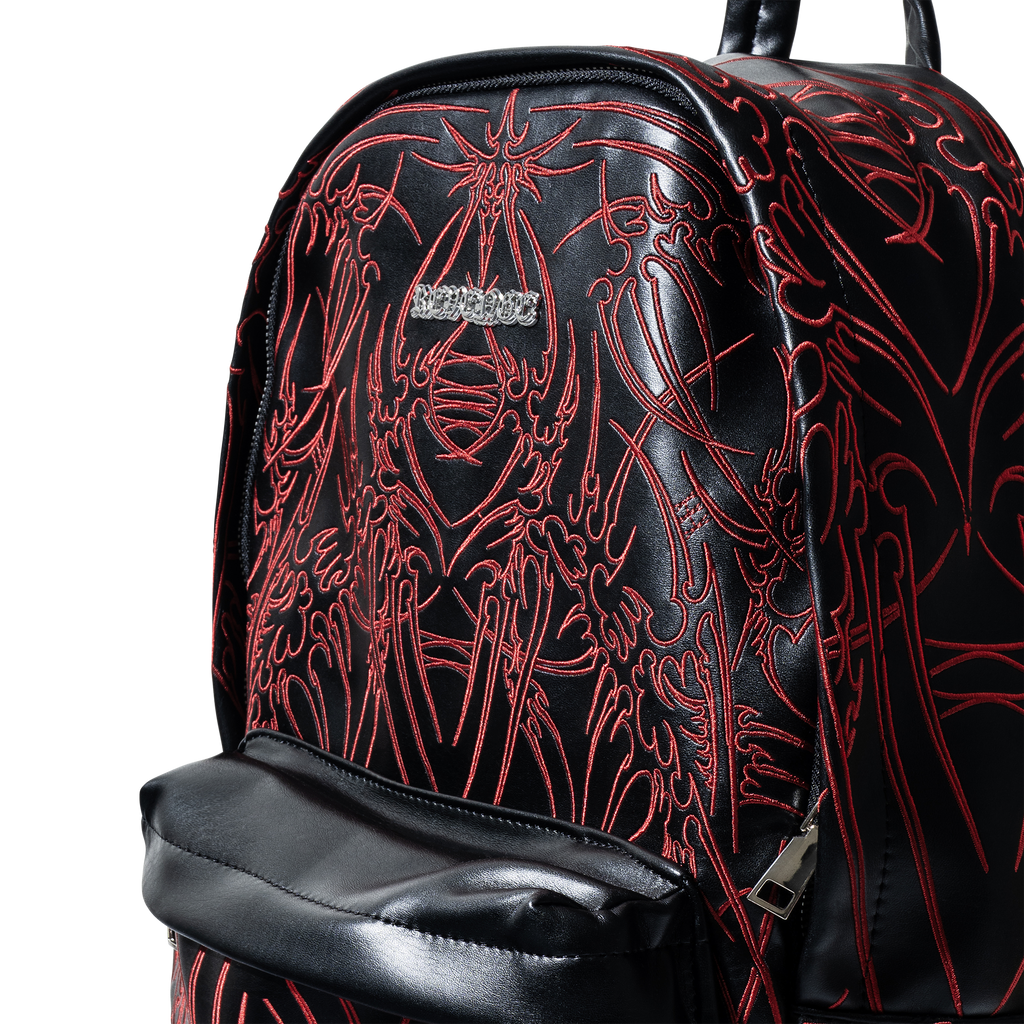 ADORNED EMBROIDERED LEATHER BACKPACK BLACK/RED