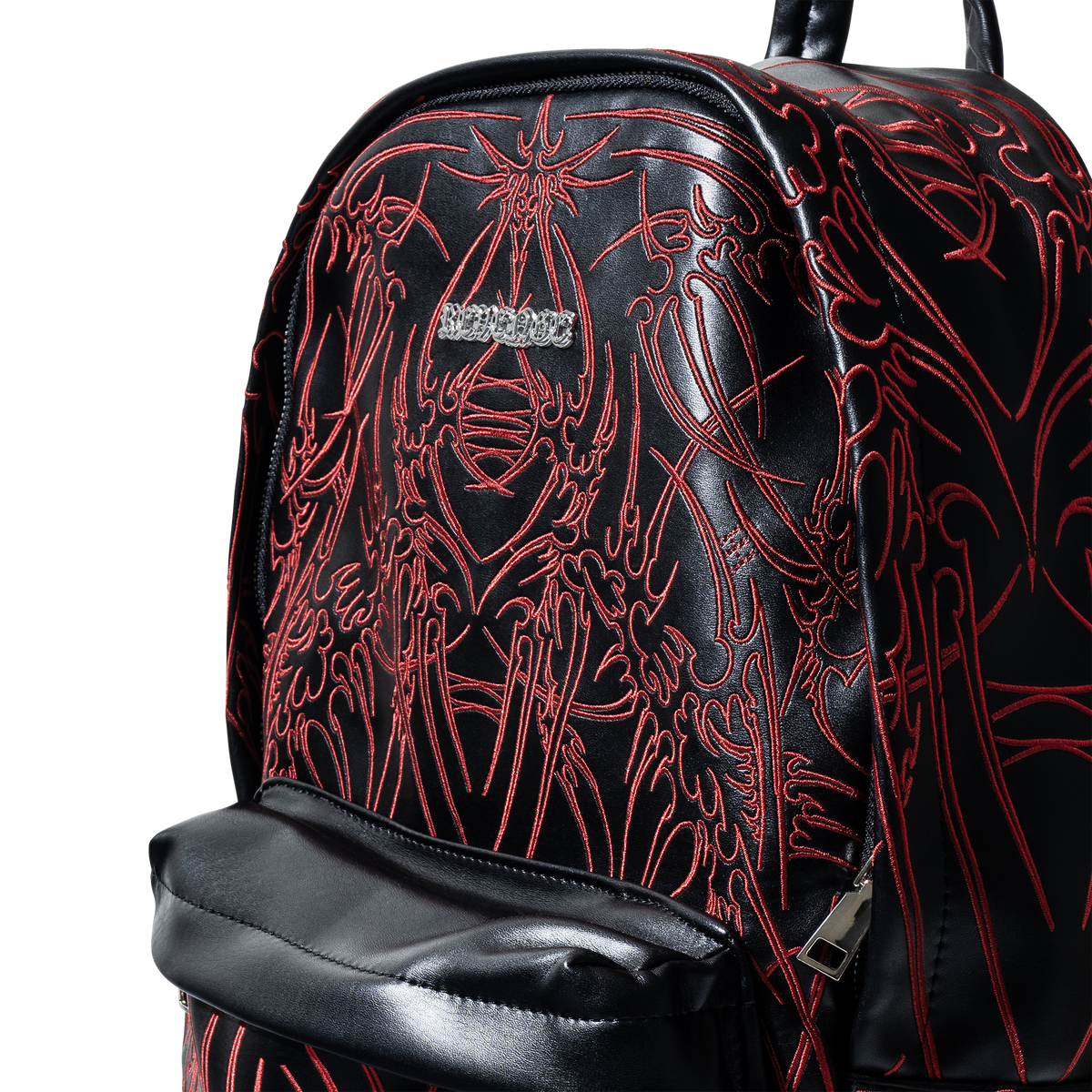 ADORNED EMBROIDERED LEATHER BACKPACK BLACK/RED
