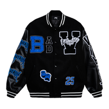 Load image into Gallery viewer, X BAD VIBES VARSITY JACKET BLACK/BLUE
