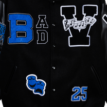 Load image into Gallery viewer, X BAD VIBES VARSITY JACKET BLACK/BLUE
