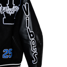 Load image into Gallery viewer, X BAD VIBES VARSITY JACKET BLACK/BLUE

