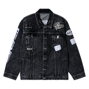 MOTO PATCH DENIM JACKET WASHED BLACK