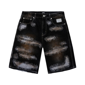 DISTRESSED PATCHWORK DENIM SHORT DIRTY BLACK