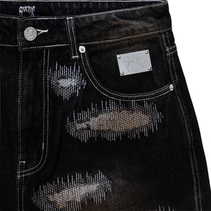 DISTRESSED PATCHWORK DENIM SHORT DIRTY BLACK