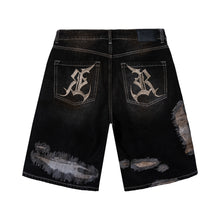 Load image into Gallery viewer, DISTRESSED PATCHWORK DENIM SHORT DIRTY BLACK
