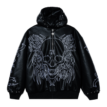 Load image into Gallery viewer, TRIBAL SKULL STUDDED LEATHER BOMBER BLACK/WHITE

